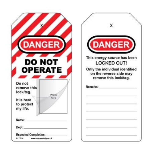 Self-Laminating Photo ID Lockout Tag - OSHA 'Danger Do Not Operate This Equipment Locked Out' - 10pk